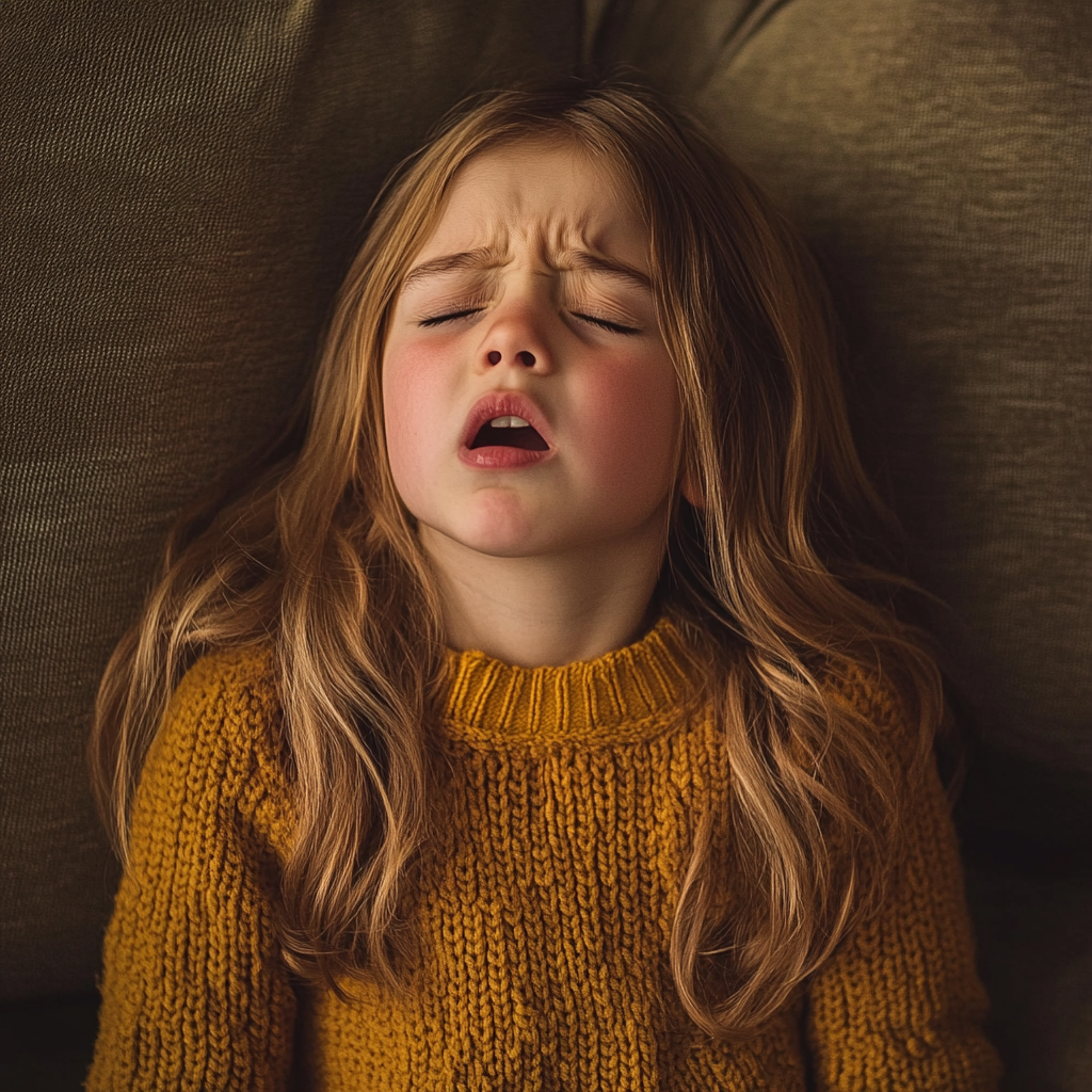 Ein aufgeregtes kleines Mädchen sitzt auf einer Couch | Quelle: Midjourney