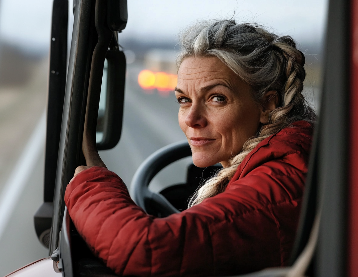 Eine Frau, die einen LKW fährt, hält am Straßenrand an und lehnt sich aus dem Fenster | Quelle: Midjourney