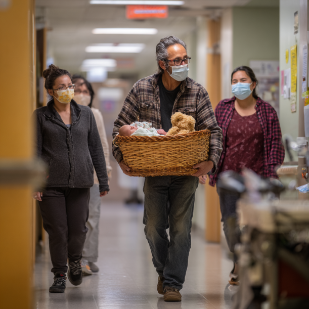 Eine Familie verlässt das Krankenhaus mit einem Neugeborenen | Quelle: Midjourney