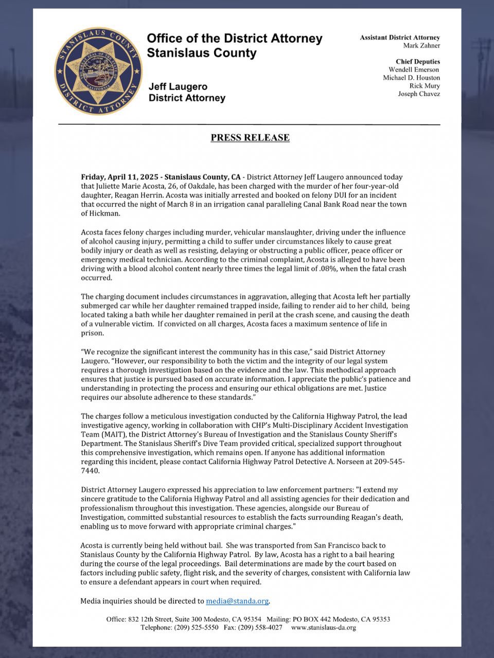 Ein Statement des Stanislaus County District Attorney, aus einem Post vom 12. April 2025 | Quelle: Facebook/StanislausDistrictAttorney
