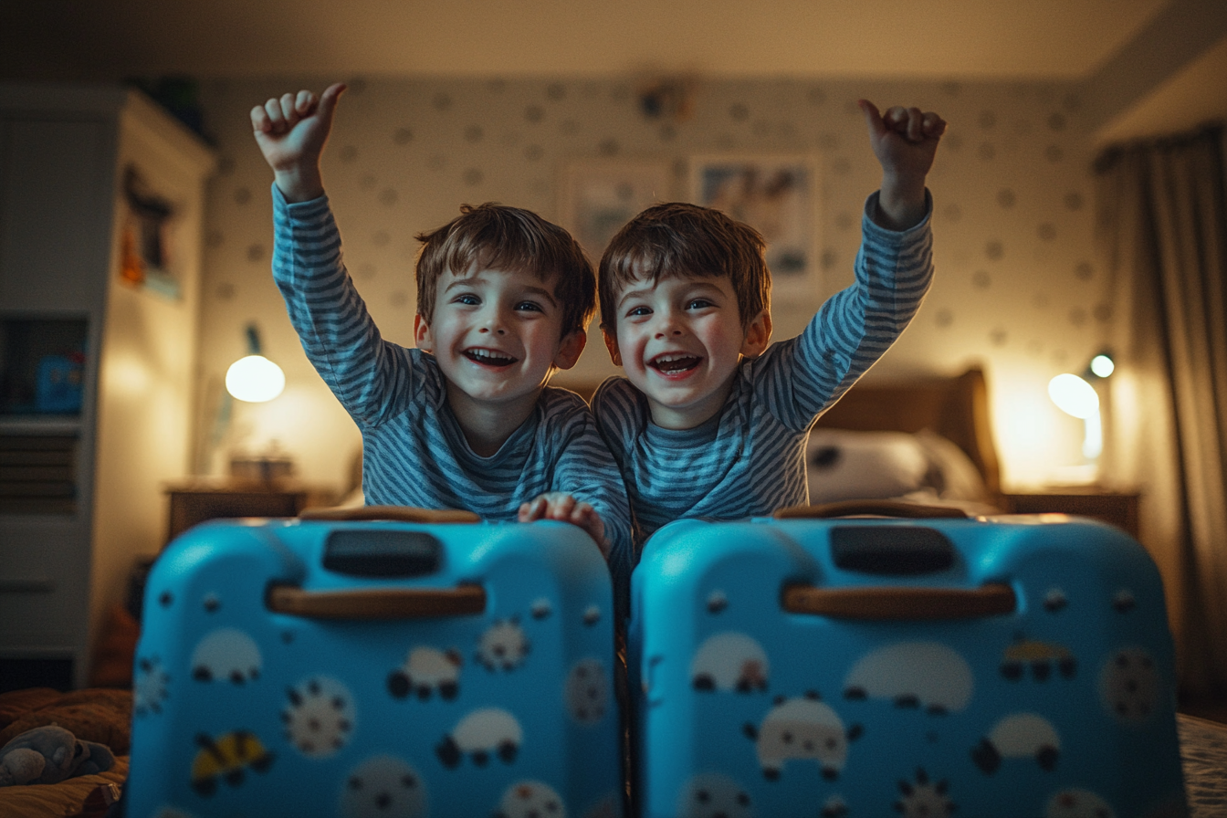 Zwillingsjungen im Alter von 7 Jahren in Schlafanzügen jubeln mit ihren Händen in der Luft in einem Schlafzimmer mit einem blauen Koffer | Quelle: Midjourney