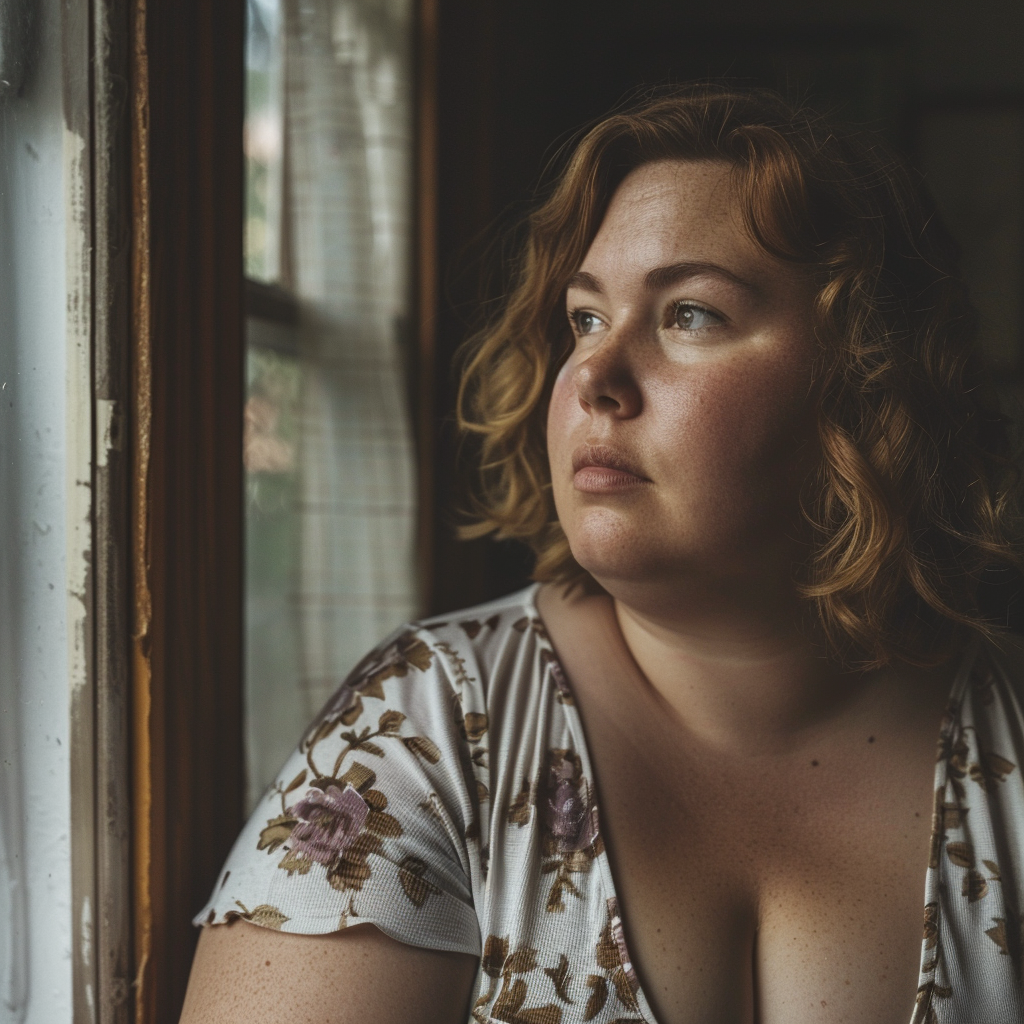 Eine Plus-Size-Frau, die aus dem Fenster schaut | Quelle: Midjourney