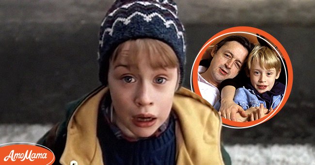 Macaulay Culkin im "Home Alone" (links), Macaulay Culkin in seinem Hotelzimmer in Paris mit seinem Vater am 11. Dezember 1990 (Kreis) | Quelle: Youtube.com/Movieclips Classic Trailers - Getty Images