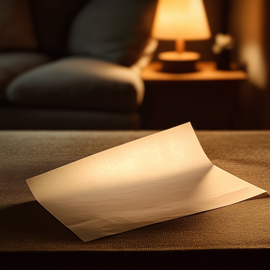 Ein gefaltetes Stück Papier auf einem Couchtisch | Quelle: Midjourney