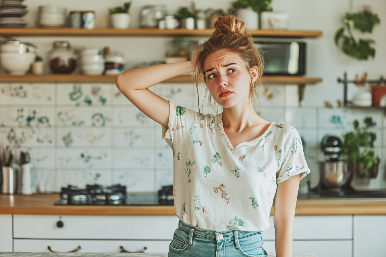 Uma mulher na cozinha parecendo preocupada e confusa | Fonte: Midjourney