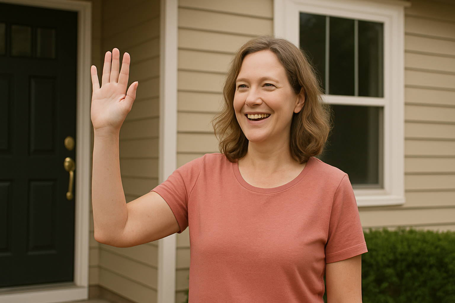 Eine winkende Frau in der Nähe eines Hauses | Quelle: Sora