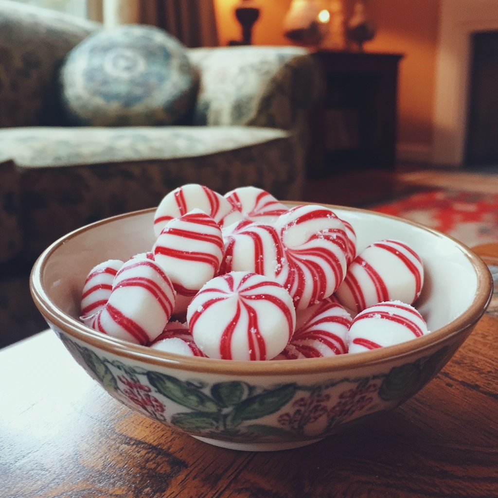 Eine Schale mit Pfefferminzbonbons auf einem Tisch | Quelle: Midjourney