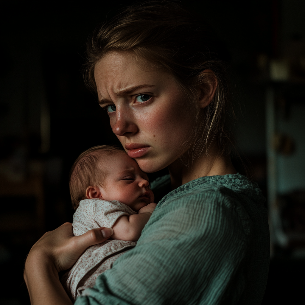 Eine wütende und verletzte junge Frau, die ein Baby hält | Quelle: Midjourney