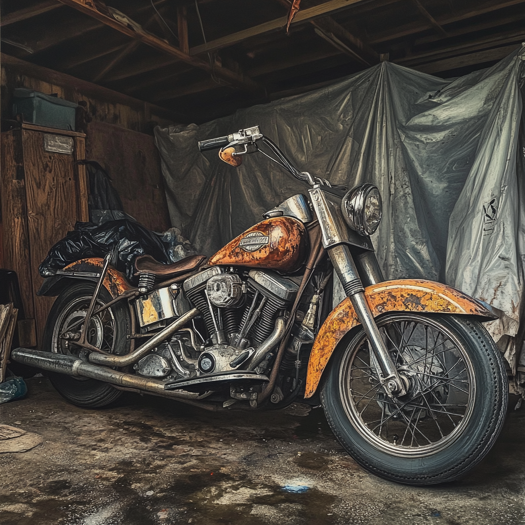 Ein altes Harley-Motorrad in einer Garage | Quelle: Midjourney