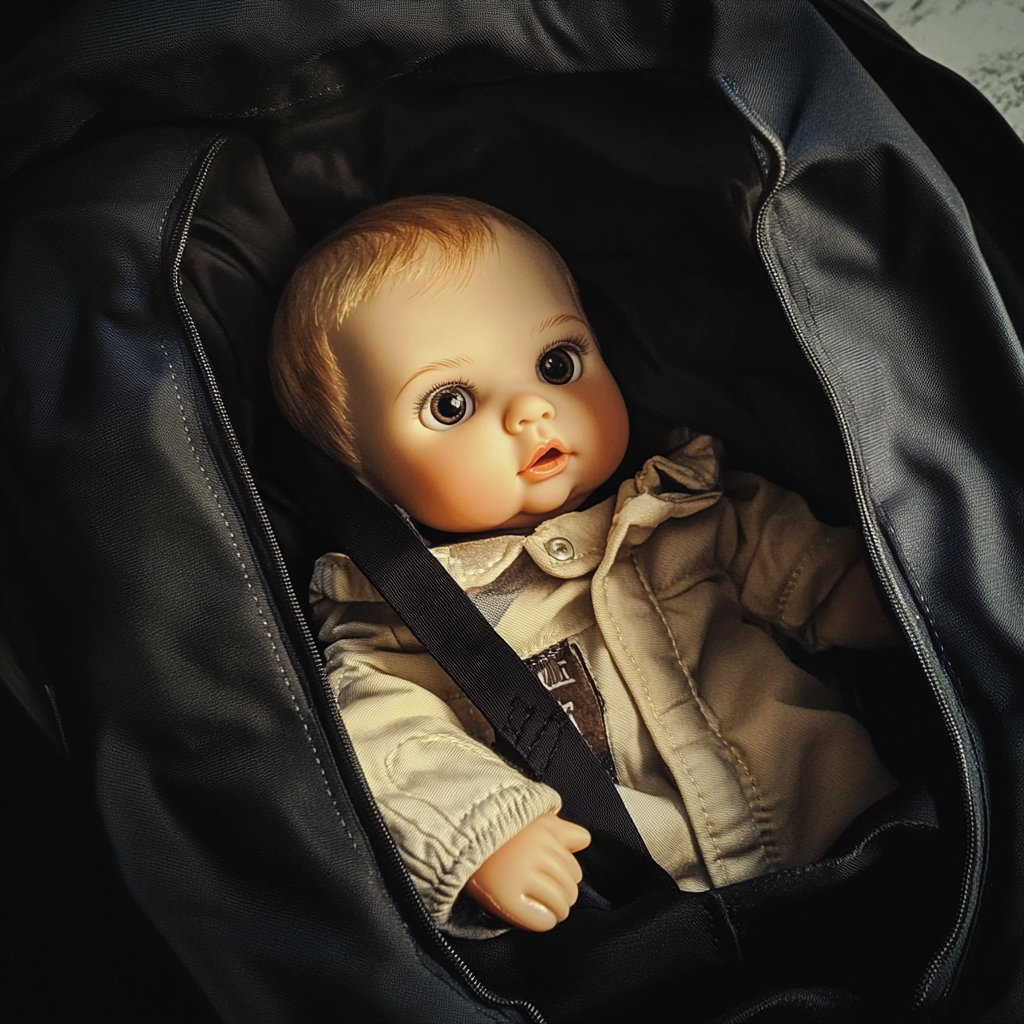 Babypuppe in einer schwarzen Tasche | Quelle: Midjourney