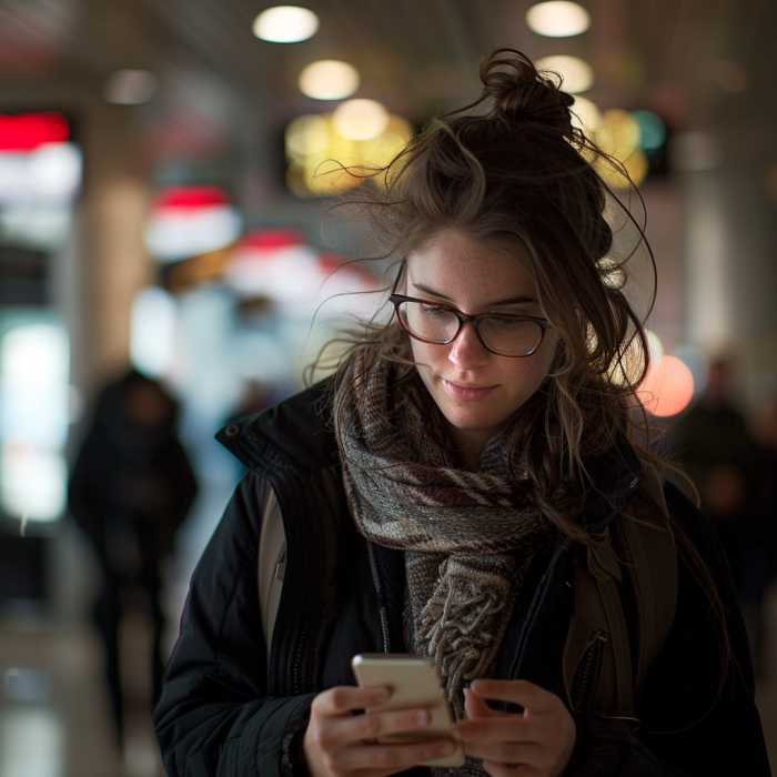 Sarah am Flughafen, die nach Davids SMS einen Anflug von Wut verspürt | Quelle: Midjourney