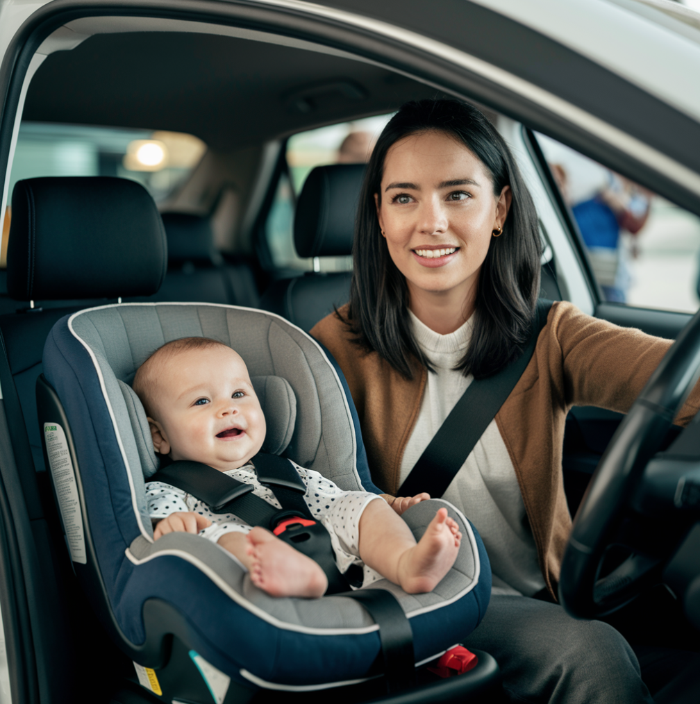 Eine Frau mit einem Baby in ihrem Auto bei einer Flughafenabholung | Quelle: Midjourney