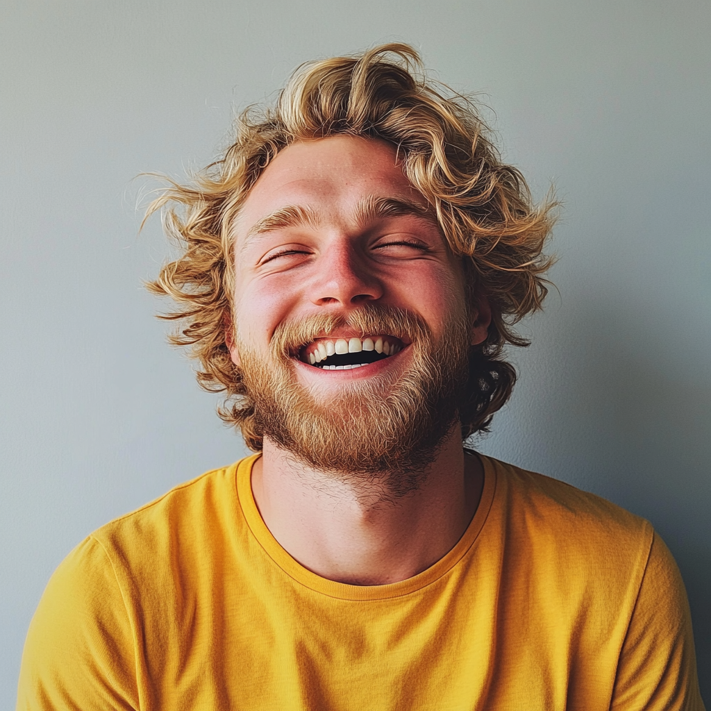 Ein lachender Mann mit einem gelben T-Shirt | Quelle: Midjourney