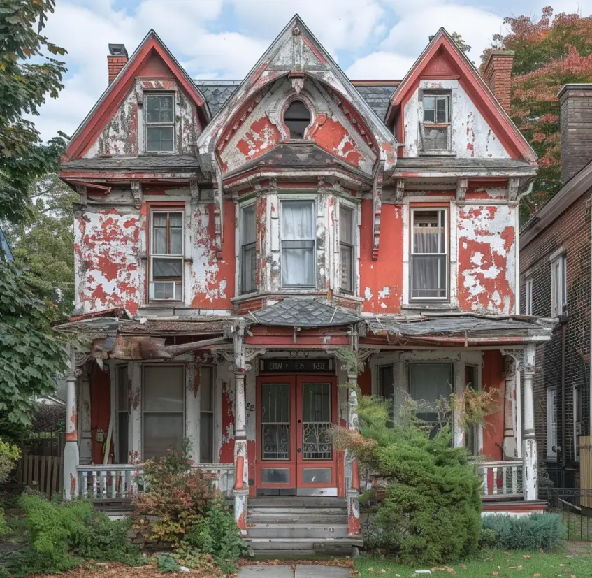 Das Haus, ein prächtiges altes Relikt, stand mit abblätternder Farbe und einem durchhängenden Dach da | Quelle: Midjourney