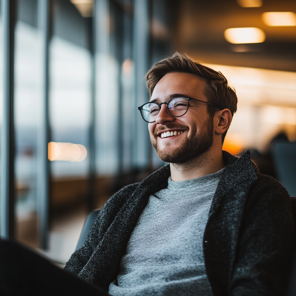 Ein lächelnder Mann in einem Flughafen | Quelle: Midjourney