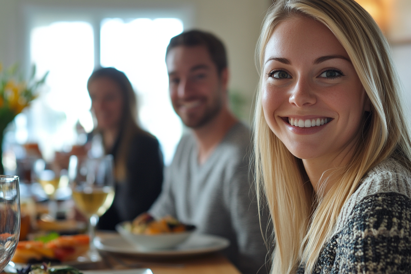 Eine Frau lächelt beim Abendessen | Quelle: Midjourney