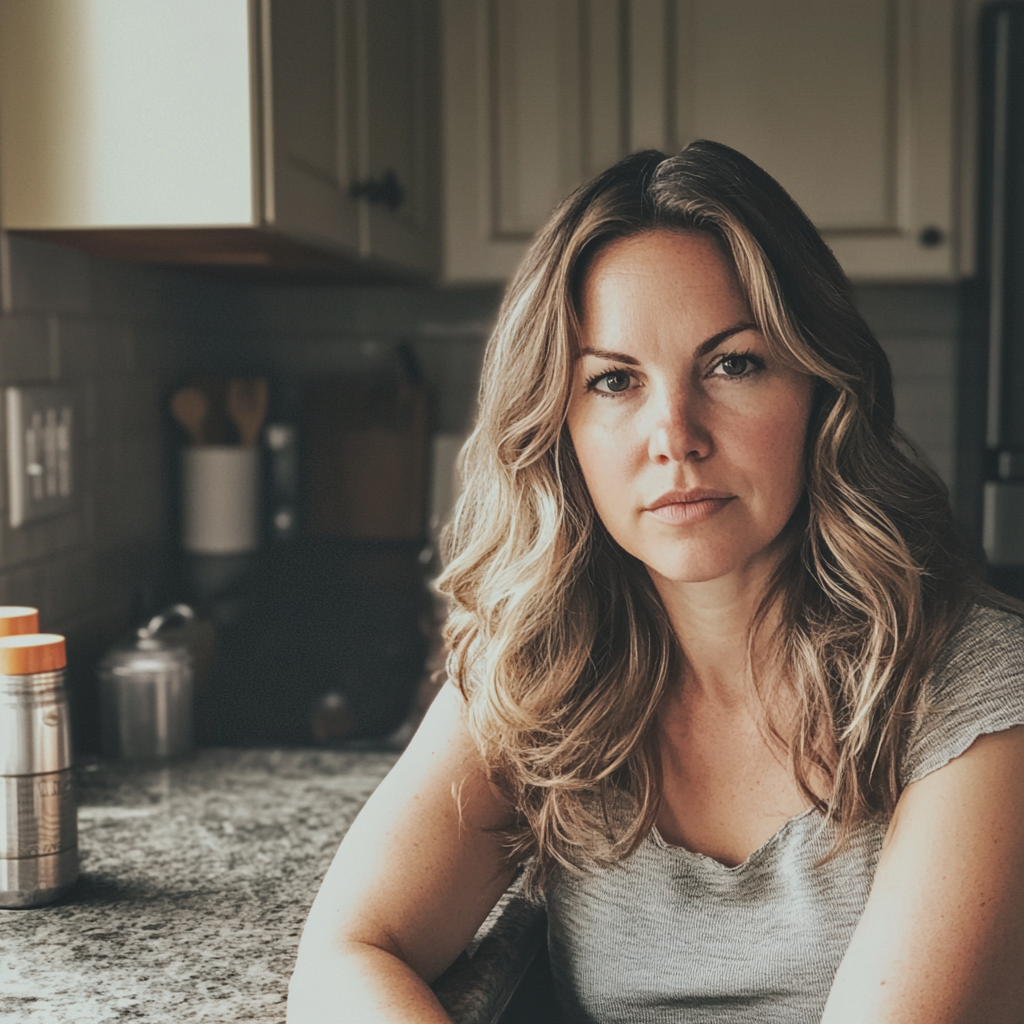 Uma mulher encostada na mesa da cozinha | Fonte: Midjourney