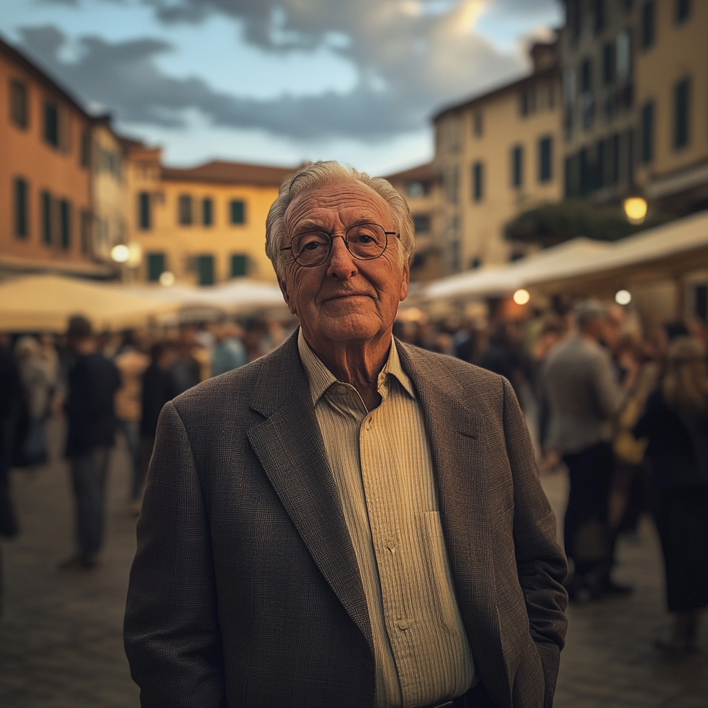 Ein älterer Mann steht auf einem Stadtplatz | Quelle: Midjourney