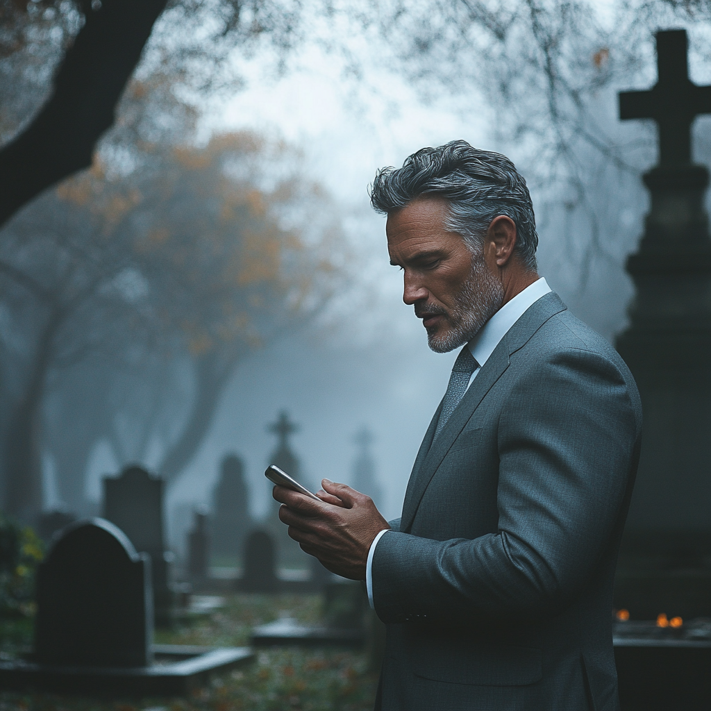 Ein Mann hält ein Telefon auf einem Friedhof | Quelle: Midjourney