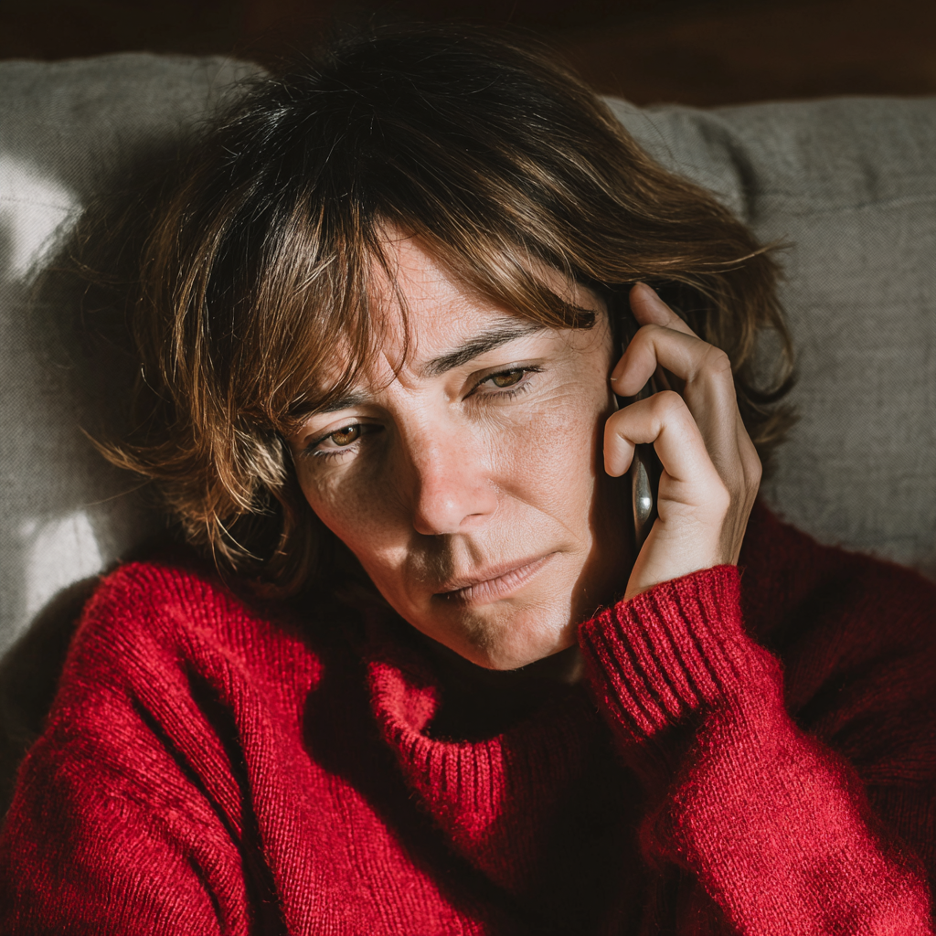 Eine erschöpfte Frau, die am Telefon spricht | Quelle: Midjourney
