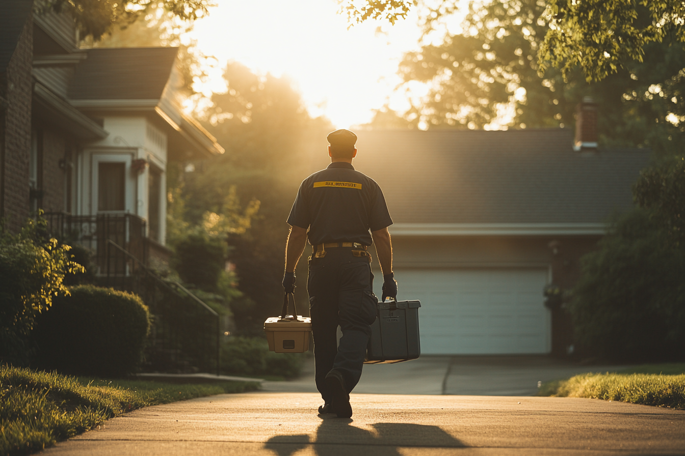 Ein Mann in Uniform hält Werkzeugkisten, während er eine Einfahrt hinaufgeht | Quelle: Midjourney