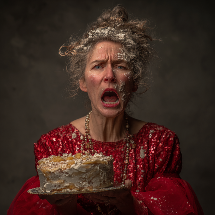 Eine Frau mit Kuchen im Gesicht | Quelle: Midjourney