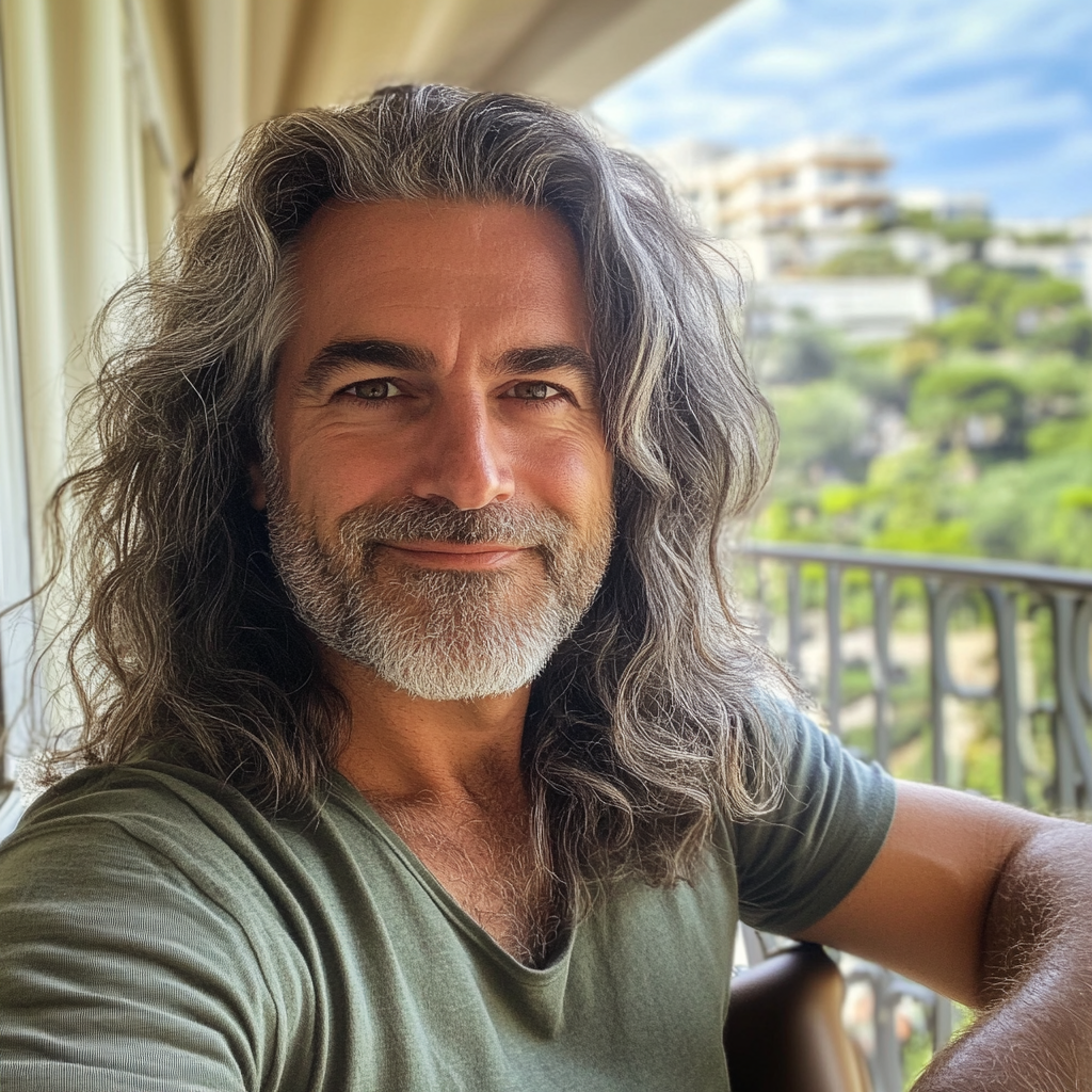 Ein lächelnder Mann sitzt auf einem Balkon | Quelle: Midjourney