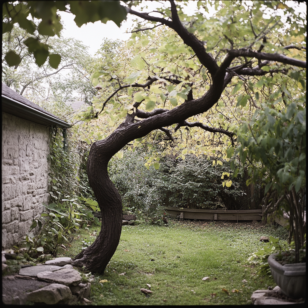 Ein verdrehter Baum, der in einem Hinterhof wächst | Quelle: Midjourney