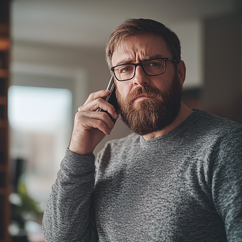 Ein ernster Mann, der mit seinem Telefon spricht | Quelle: Midjourney