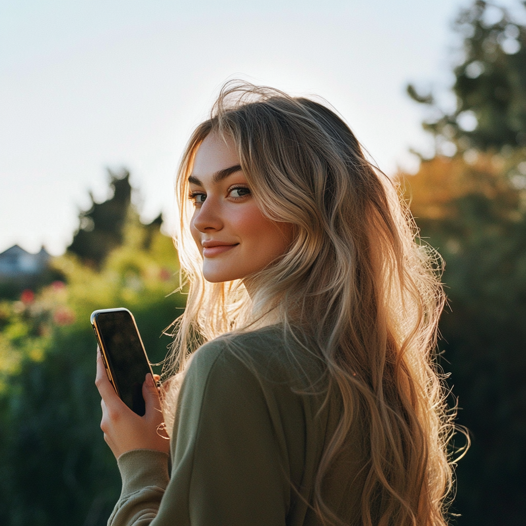 Eine junge Frau lächelt, während sie ihr Telefon hält | Quelle: Midjourney