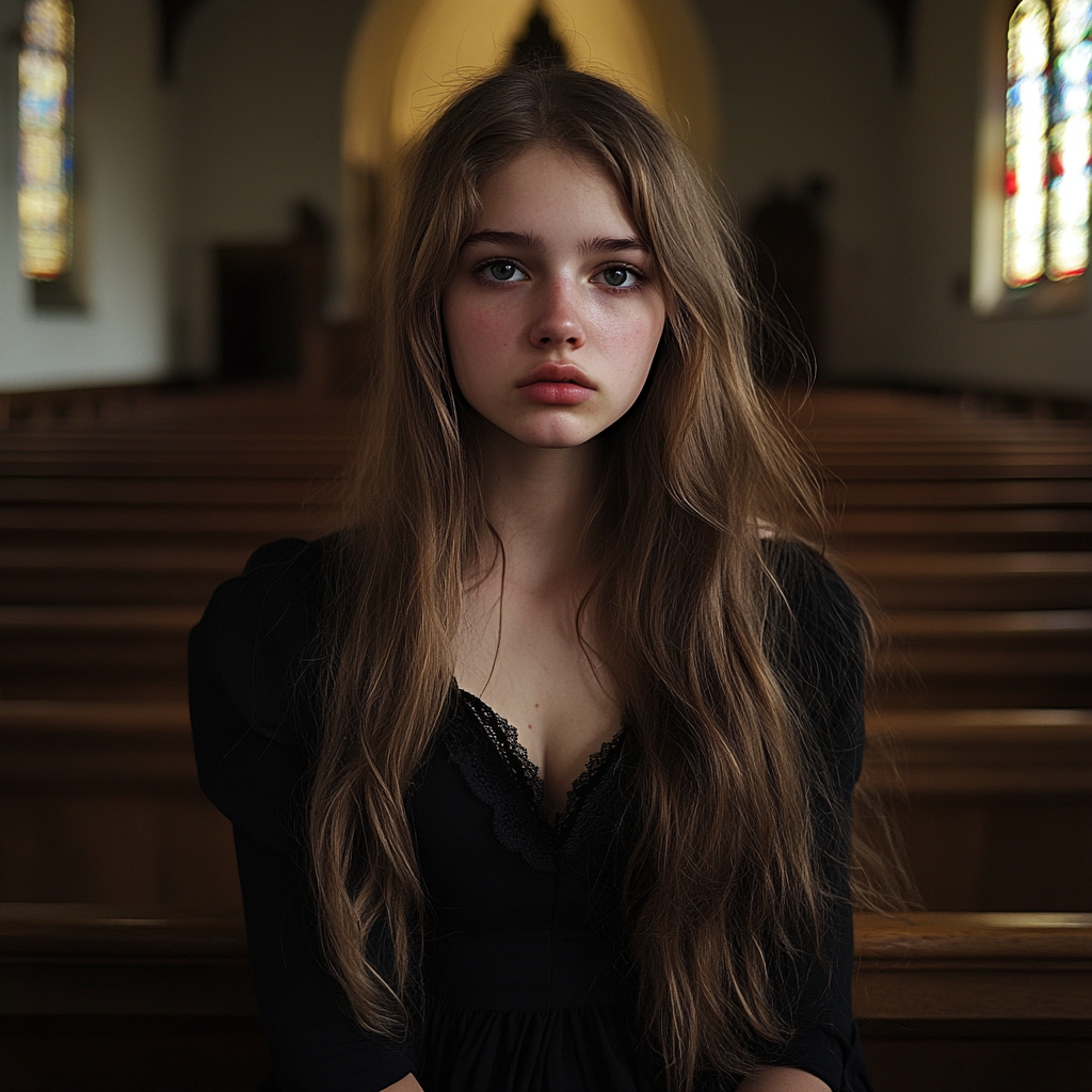 Ein aufgebrachtes Teenager-Mädchen sitzt in einer Kirche | Quelle: Midjourney