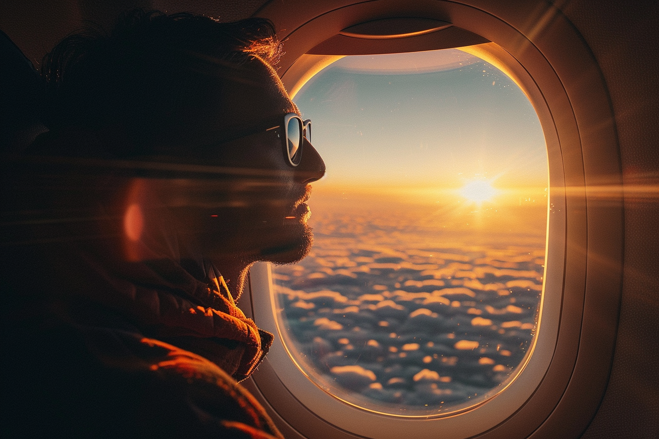 Ein Mann sitzt am Fenster in einem Flugzeug | Quelle: Midjourney