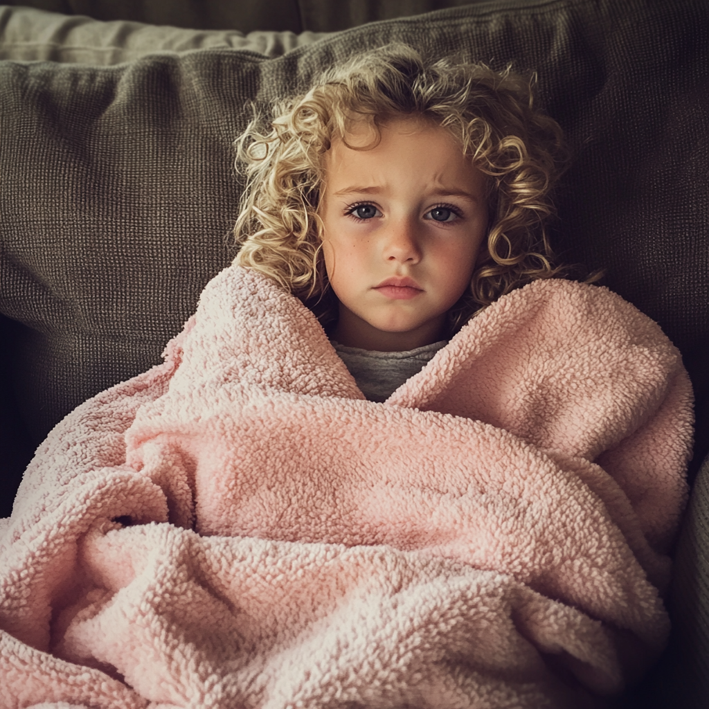 Ein kleines Mädchen sitzt auf einer Couch, eingewickelt in eine rosa Decke | Quelle: Midjourney