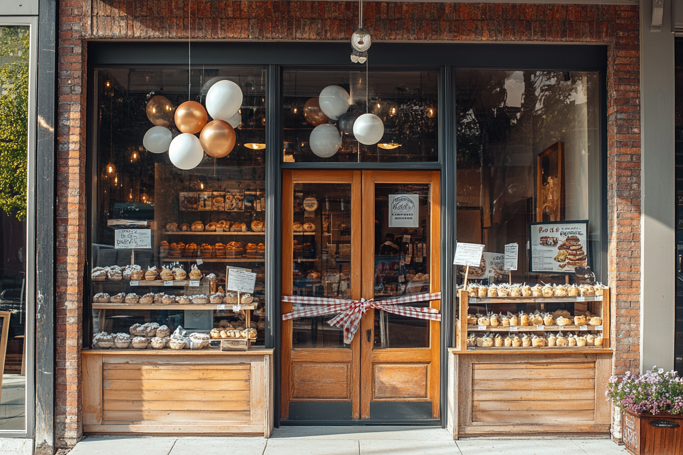 Eine Bäckereifront, die für den Eröffnungstag dekoriert wurde | Quelle: Midjourney
