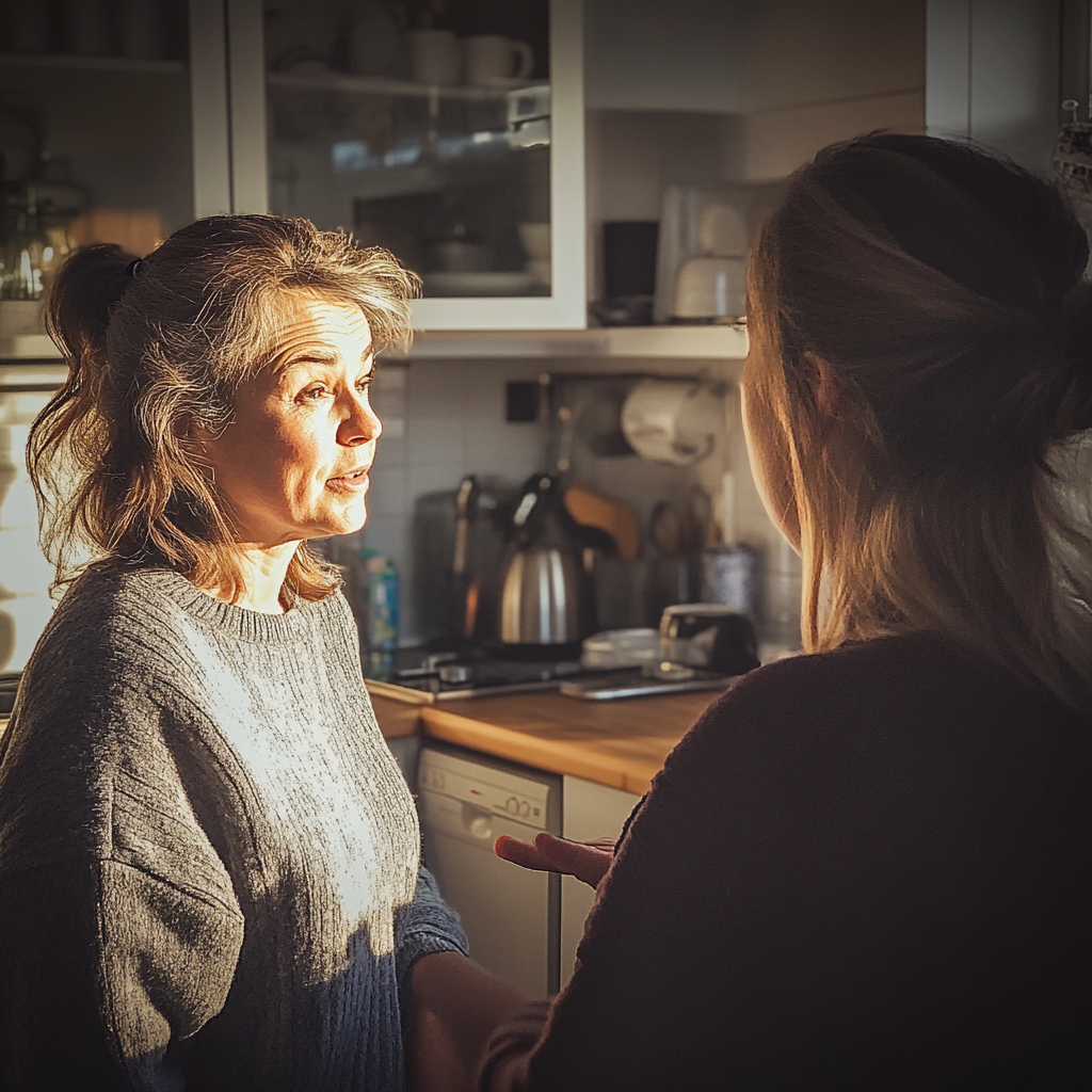 Zwei Frauen unterhalten sich in einer Küche | Quelle: Midjourney