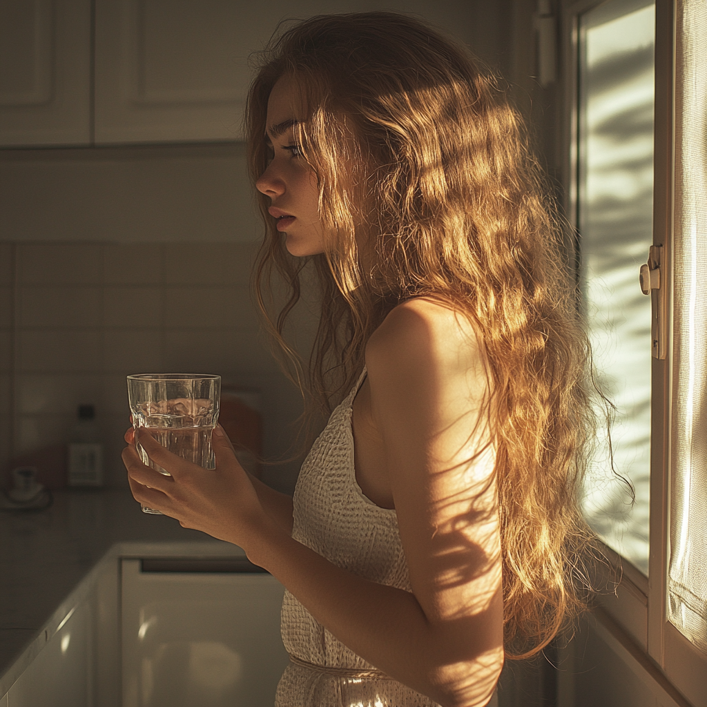 Eine nervöse Frau mit einem Glas Wasser | Quelle: Midjourney