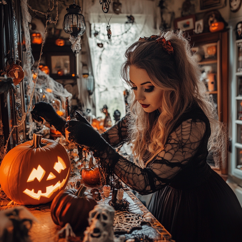 Eine Frau dekoriert ihr Haus für Halloween | Quelle: Midjourney