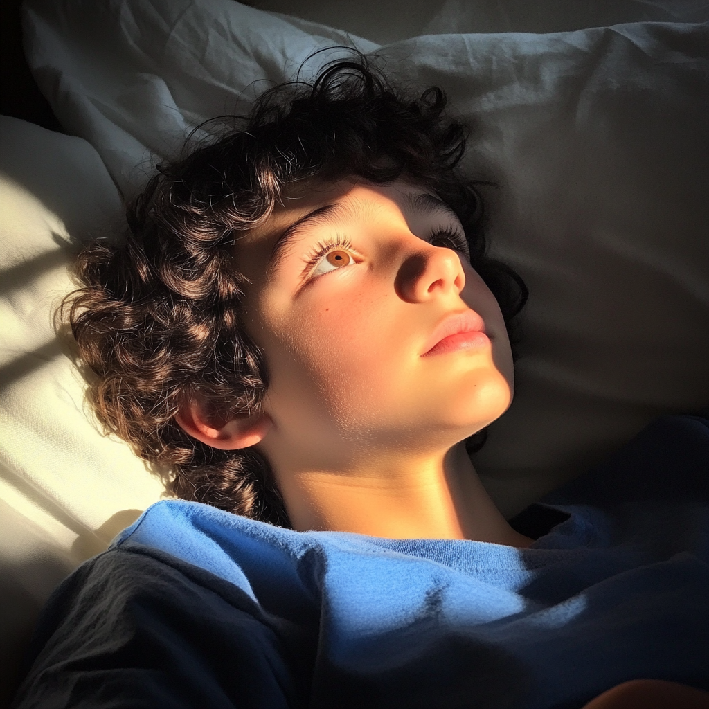 Ein kleiner Junge liegt auf seinem Bett | Quelle: Midjourney