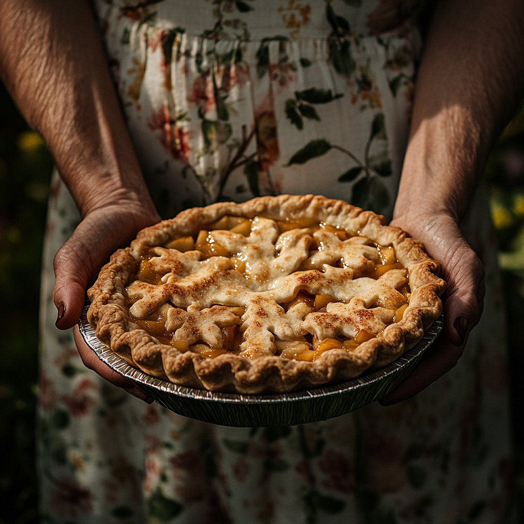 Nahaufnahme einer älteren Frau, die einen Teller mit Apfelkuchen hält | Quelle: Midjourney