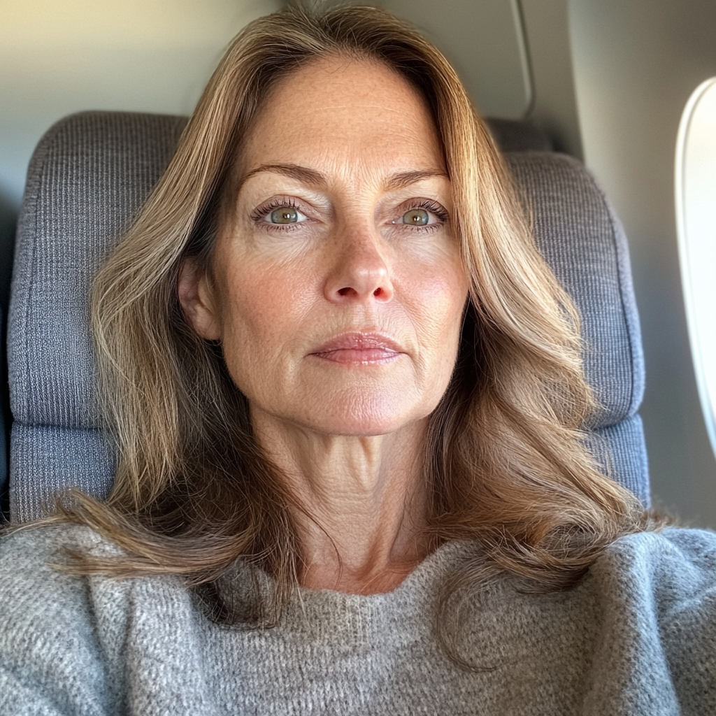 Eine groggy Frau, die in einem Flugzeug sitzt | Quelle: Midjourney