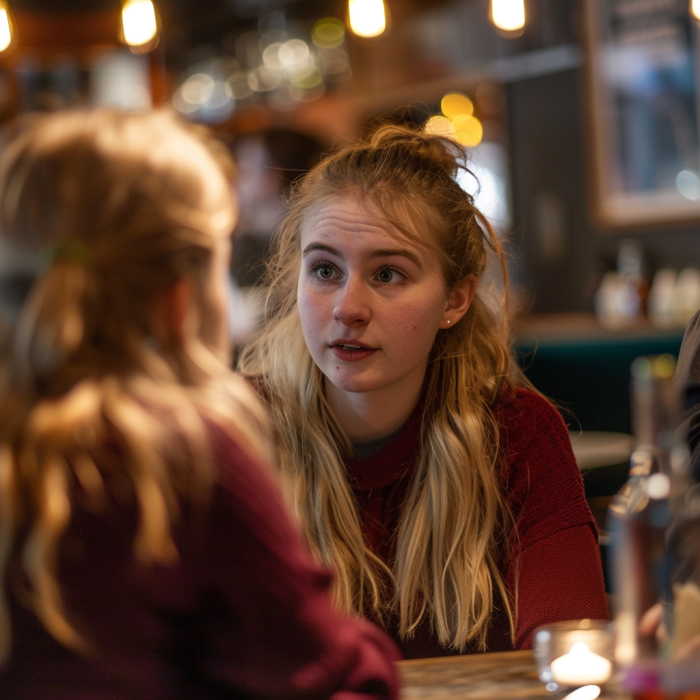 Eine Frau spricht mit ihrer Schwester in einem Restaurant | Quelle: Midjourney