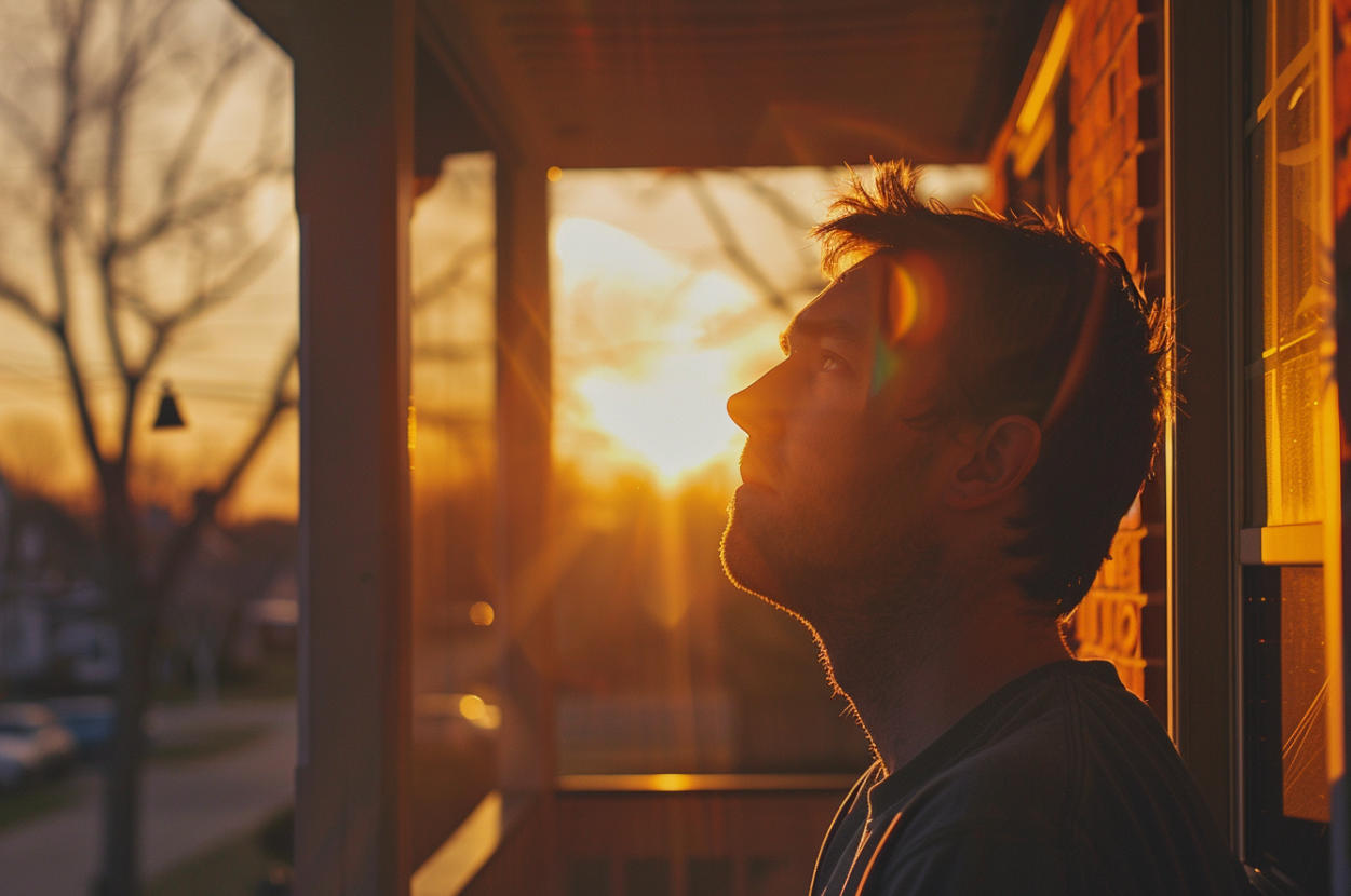 Ein Mann sitzt bei Sonnenuntergang auf seiner Veranda | Quelle: Midjourney