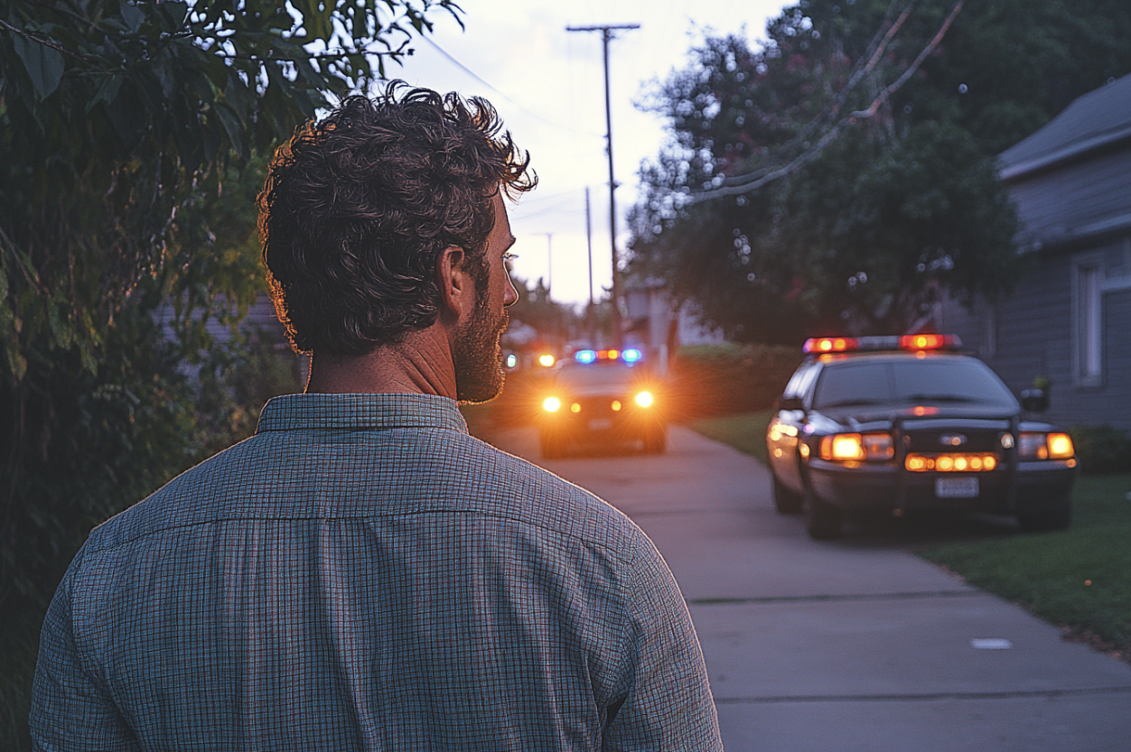 Ein Mann beobachtet, wie sich Polizeibeamte dem Haus eines Nachbarn nähern | Quelle: Midjourney