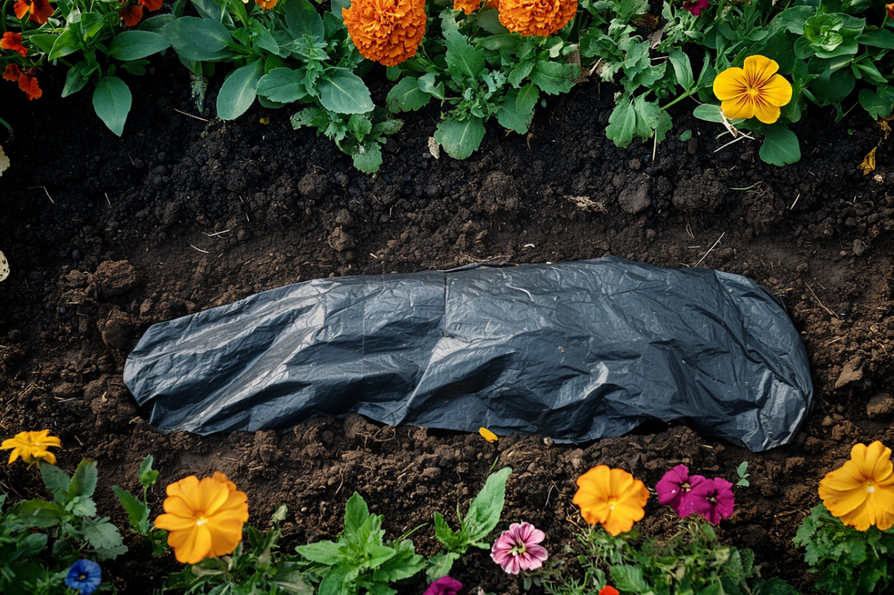 Ein mit einer Plane abgedeckter Gegenstand, der in einem Blumenbeet vergraben ist | Quelle: Midjourney