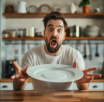 Ein schockierter Mann, der einen Teller von der Theke stößt | Quelle: Midjourney