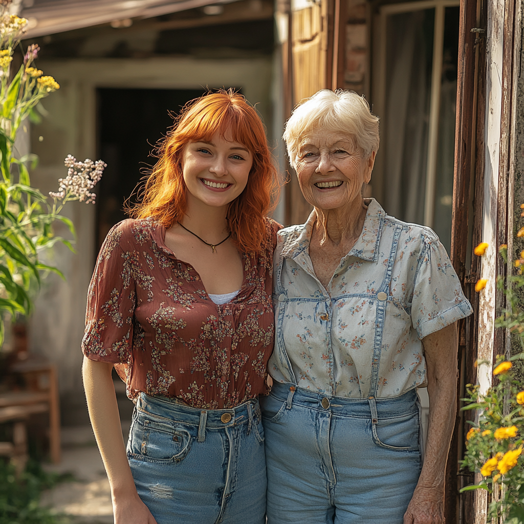 Eine Frau und ihre Mutter vor dem Haus | Quelle: Midjourney