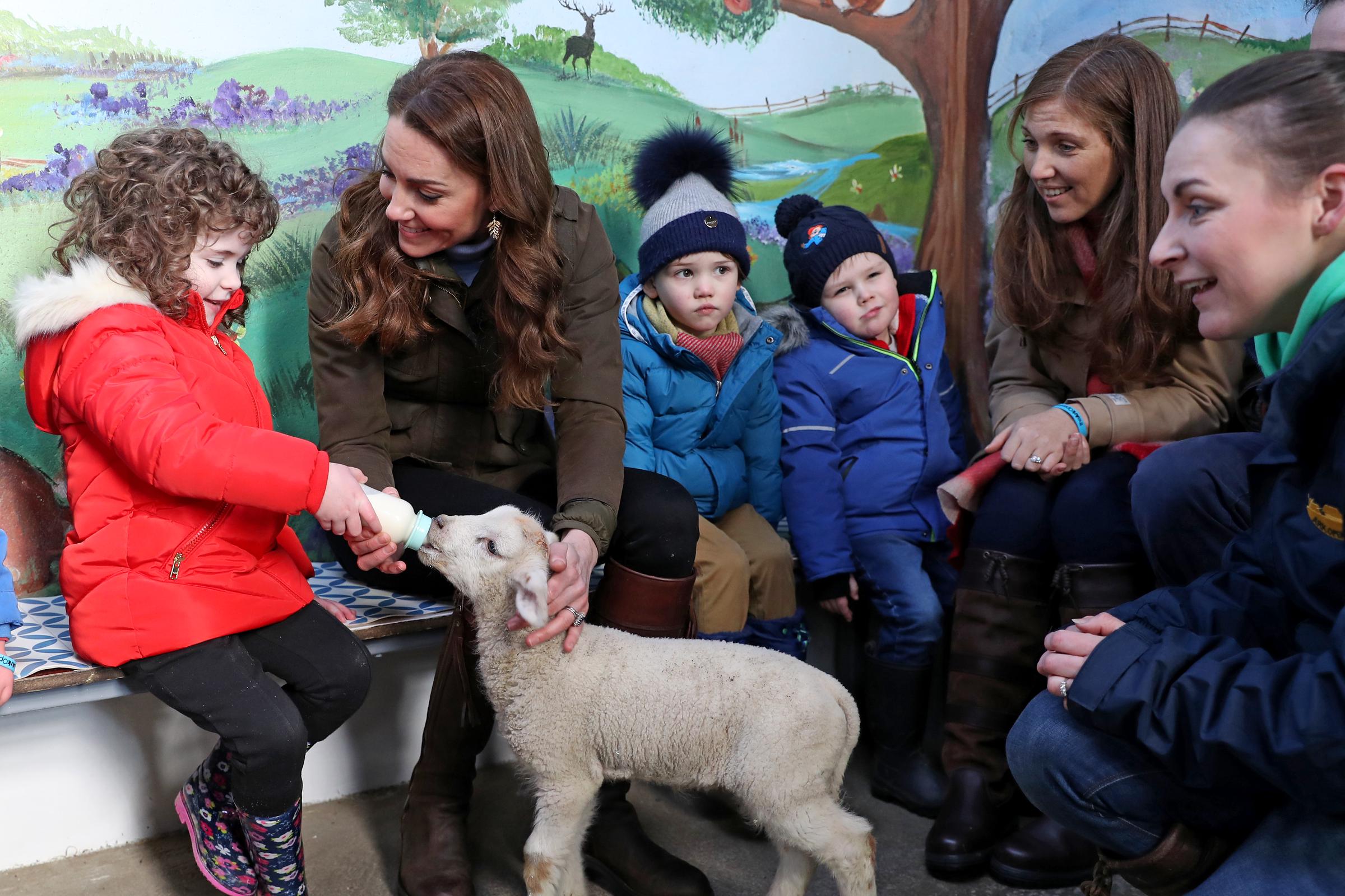 Catherine hilft Kindern aus zwei örtlichen Kindergärten bei der Fütterung eines Lamms während eines Besuchs der Ark Open Farm am 12. Februar 2020 in Newtownards, Nordirland. | Quelle: Getty Images