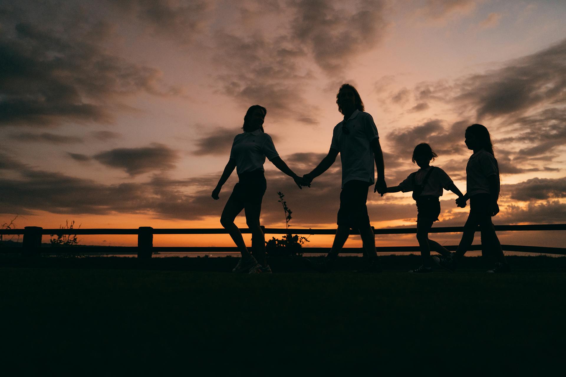 Silhouette einer Familie, die sich an den Händen hält und gemeinsam spazieren geht | Quelle: Pexels