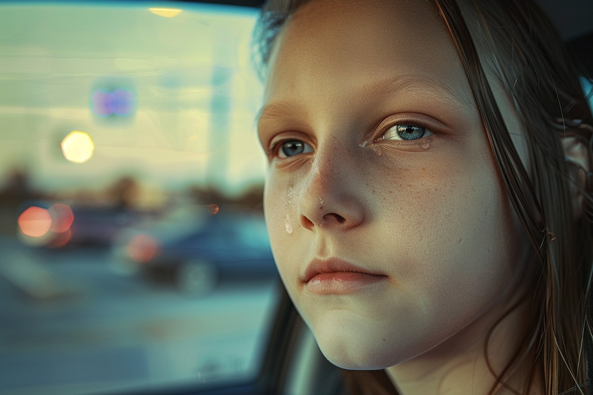 Ein weinendes Mädchen in einem Auto | Quelle: Midjourney