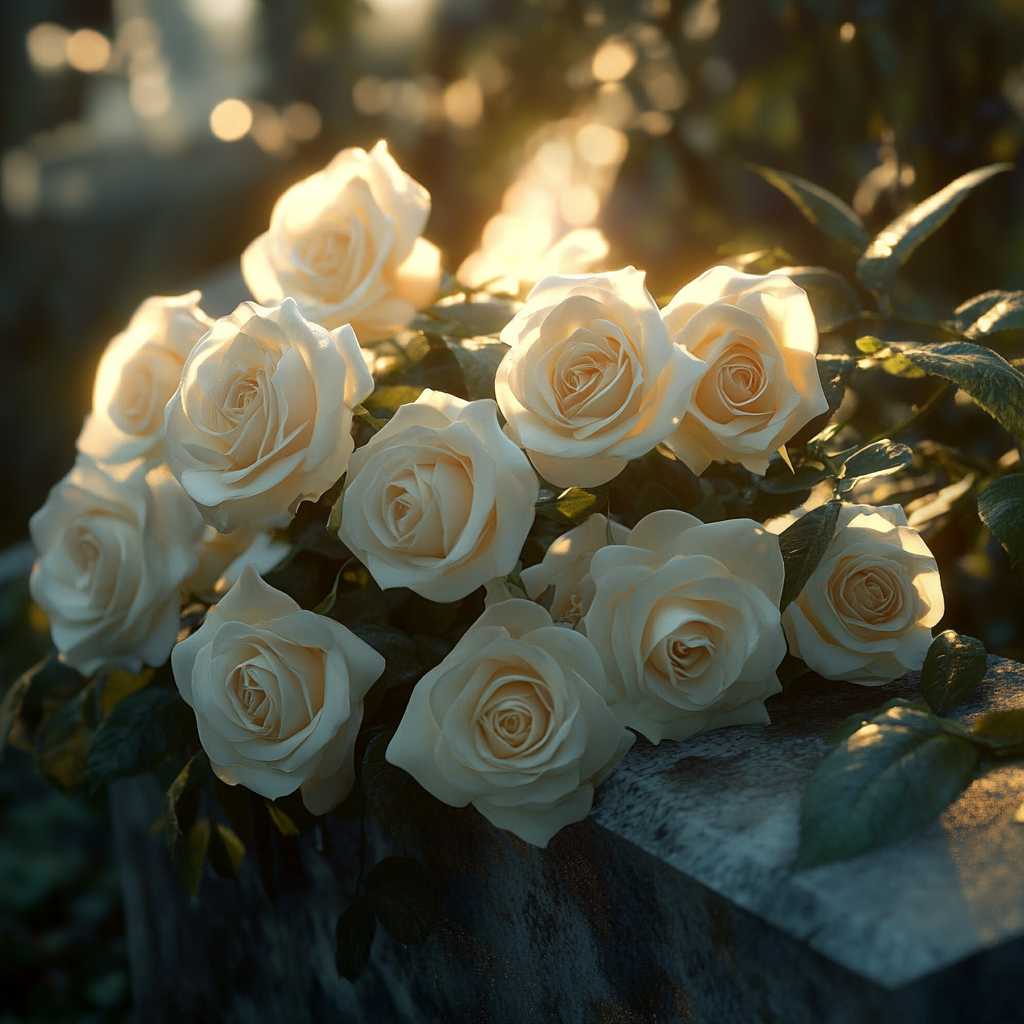 Ein Blumenstrauß aus weißen Rosen auf einem Grabstein | Quelle: Midjourney